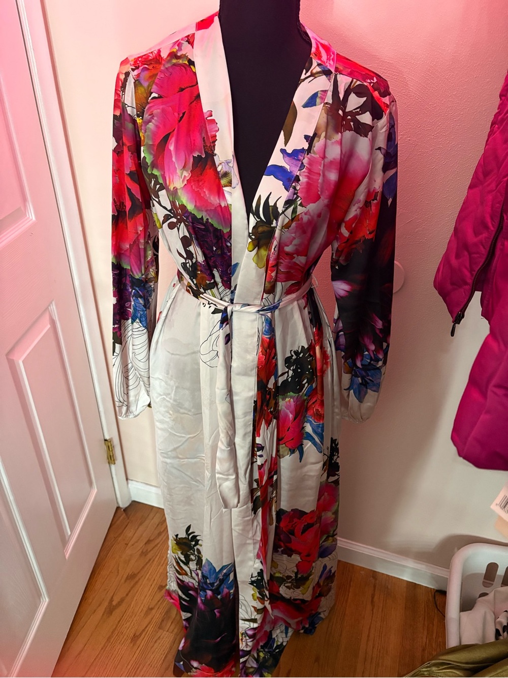 Sonoma Floral Satin Long Robe in Pink, White & Blue